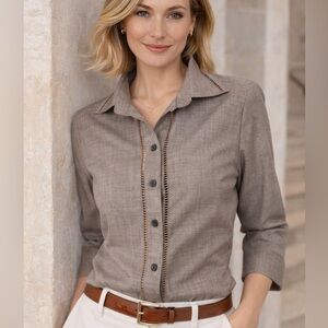 Worth Wool Blend Button Shirt Top Taupe 3/4 Sleeve Womens 14